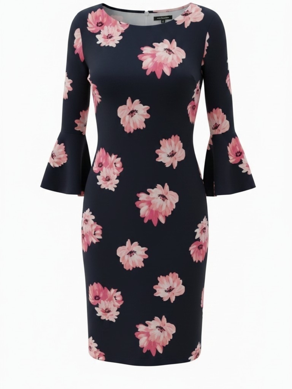 Tommy Hilfiger Navy Midi Dress with Pink Floral Print and Bell Sleeves SZ 10